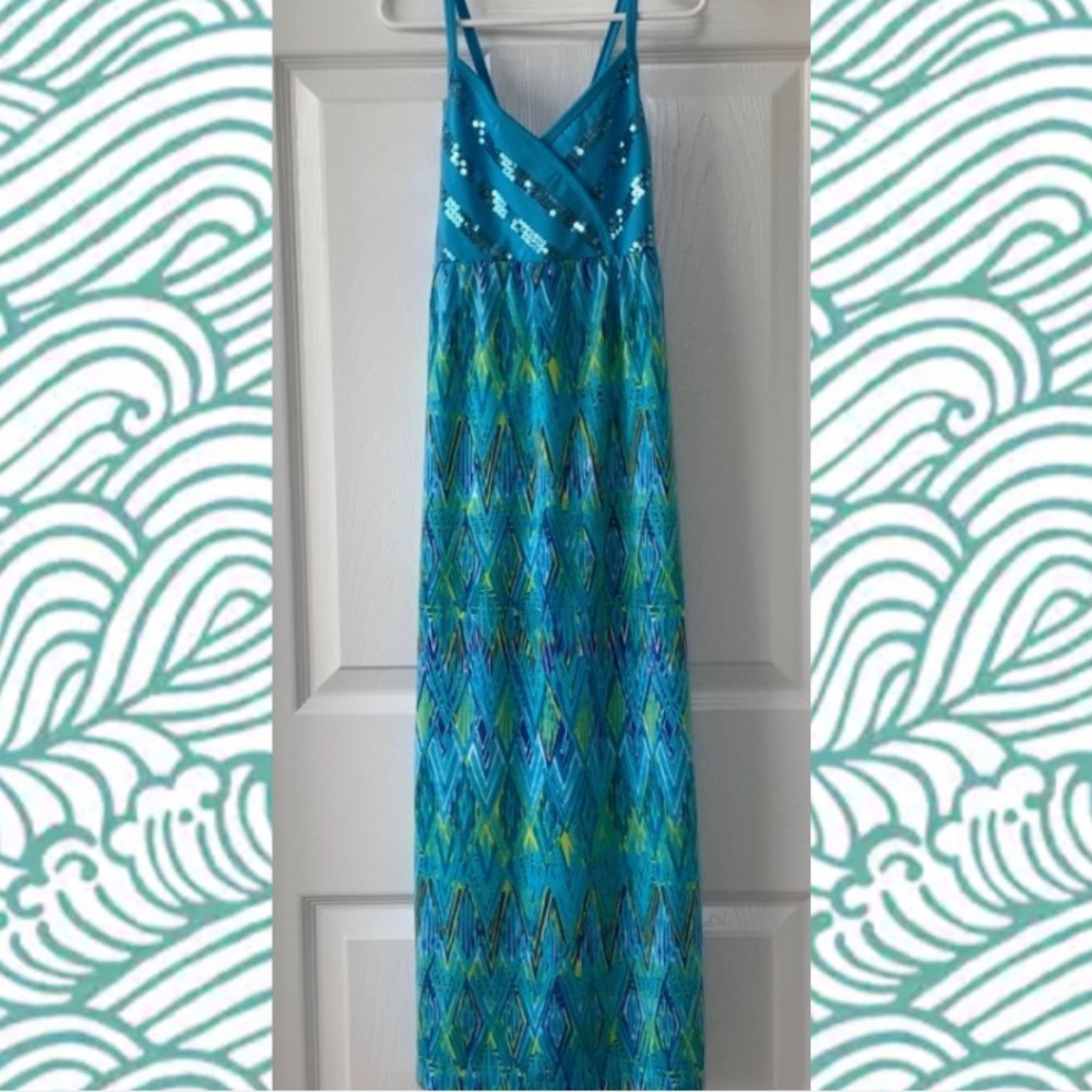 Charming Charlie Girls Cross-Back Blue & Green Maxi Dress Size Small